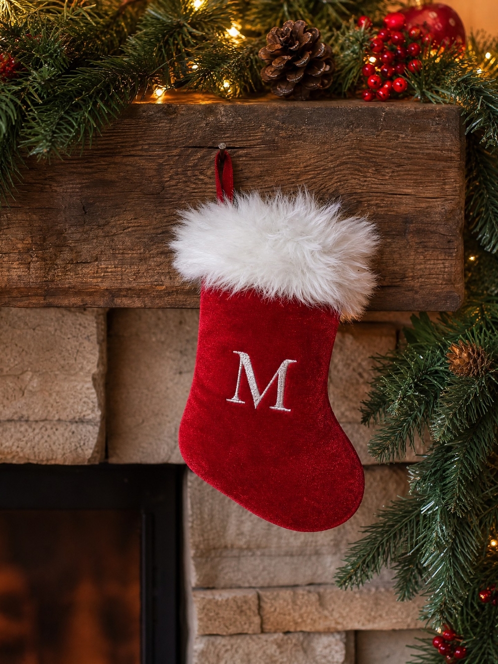 NWT Old Time Pottery Monogram Silver "M" Mini Red/White Christmas Stocking